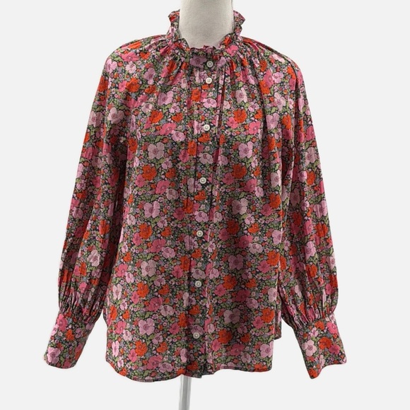 J. Crew x Liberty Fabric Ruffle Neck Button Front Blouse in Meadow Song - Size 8 - Picture 1 of 7